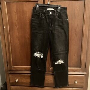Levis 724 High Rise Straight Jeans Womens 26 Black Distressed Denim Pants Grunge
